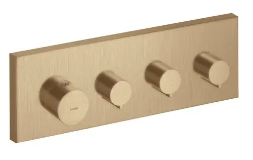 Thermostatmodul mit vier Bedienelementen in Brushed Bronze, montiert auf einer rechteckigen Platte. Marke AXOR.